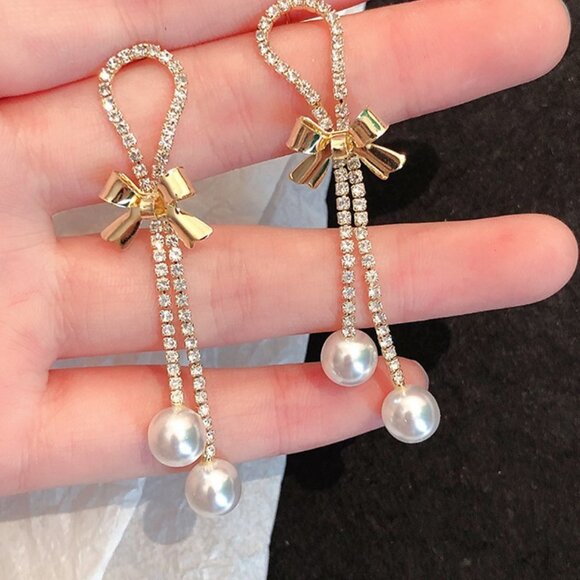 Bow Knot Rhinestone Pearl Earrings - Picture 1 of 2